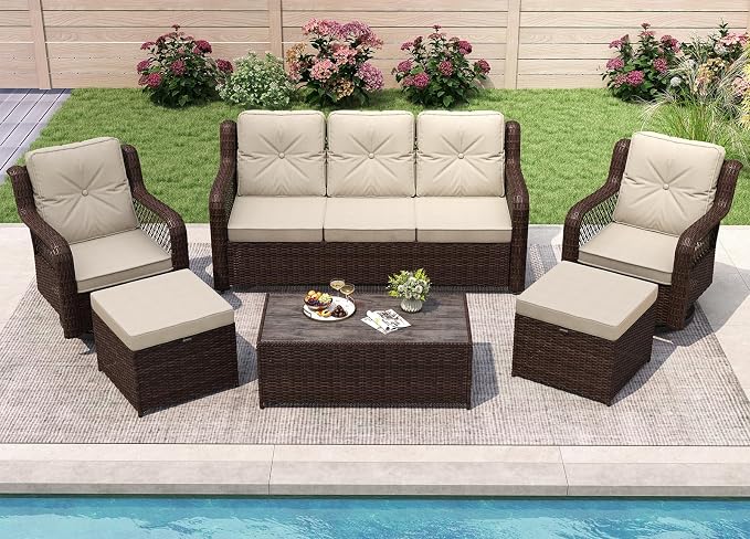 Outdoor Patio Furniture Set with Swivel Chairs and Ottoman, 6 Pieces All-Weather Wicker Patio Conversation Sets with Sofa and Coffee Table for Backyard, Porch, Balcony, Beige