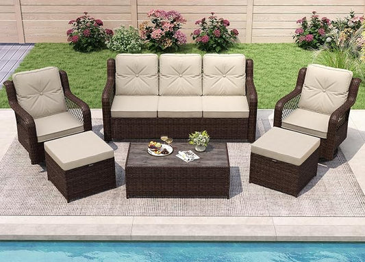 Outdoor Patio Furniture Set with Swivel Chairs and Ottoman, 6 Pieces All-Weather Wicker Patio Conversation Sets with Sofa and Coffee Table for Backyard, Porch, Balcony, Beige
