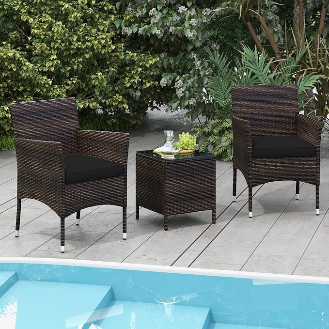 Tangkula 3 Pieces Patio Rattan Furniture Set, Outdoor Conversation Set with PE Wicker Armchairs, Tempered Glass Top Coffee Table, Soft Removable Cushions, for Porch Garden Yard Balcony (Black)