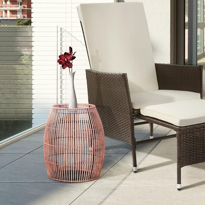 Teamson Home 20.24" Outdoor Open Weave Bohemian Bamboo Drum Side Table with Iron Top, Brown | Outdoor Water-Resistant, Open Weave Bohemian, Iron Top