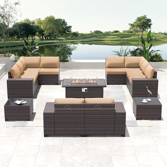 13 PCS Outdoor Patio Furniture Set,Outdoor Sectional Furniture with 43" 55000 BTU Gas Propane Fire Pit Table,All Weather PE Rattan Wicker Patio Conversation Set,Sand