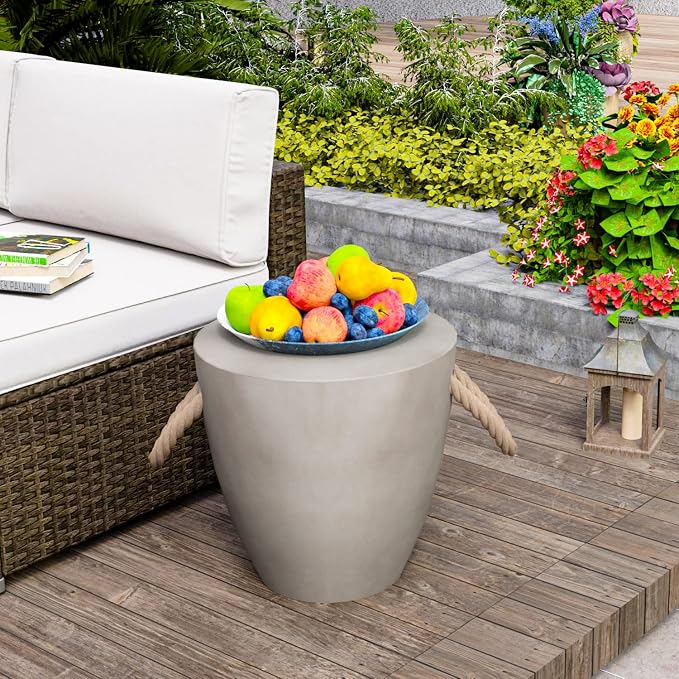 HOMPUS Outdoor Side Table Round, Concrete Accent Modern End Table w Rope Handle, Patio Drum Coffee Table, Garden Planter Stool Decor for Backyard, Indoor, Living Room, Light Gray