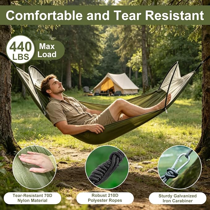 Camping Hammock with Mosquito Net, 3 in 1 Portable Hammock Tent 440lbs Capacity Attached Storage Pocket Single Nylon Hammock Set for Outdoor Travel Camping Hiking Backpacking (Army Green)