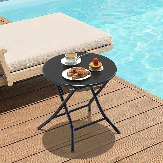 VINGLI Patio Metal Folding Side Table, Portable Small Outdoor Folding Round Table, Perfect for Indoor and Outdoor Spaces Like Balconies, Backyards, Porches, and Patios.Black（1 Pack）