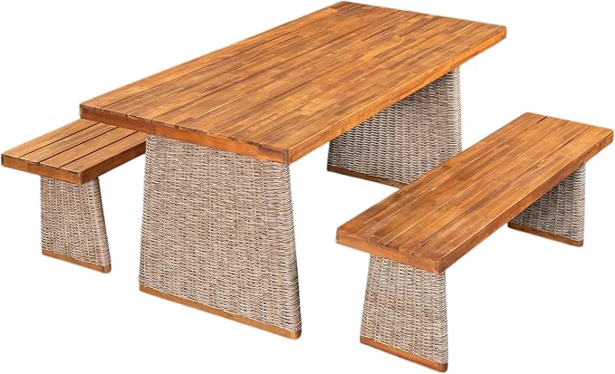 Christopher Knight Home Xavi Patio Acacia Wood Dining Set, Outdoor Side Table and Chairs Set with Slatted Panel Design and Handwoven Rattan Legs, Outdoor Furniture Set for Garden, 3 pcs, Brown + Teak