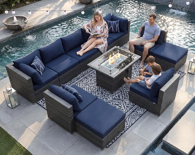 NICESOUL 11 Piece Outdoor Furniture Set with Firepit Table, Luxury 10-Person Patio Sectional Sets, 29.3'' High-Back Backyard Seating Area, All-Weather Rattan Couch Set for Outside, Deck, Grey&Blue