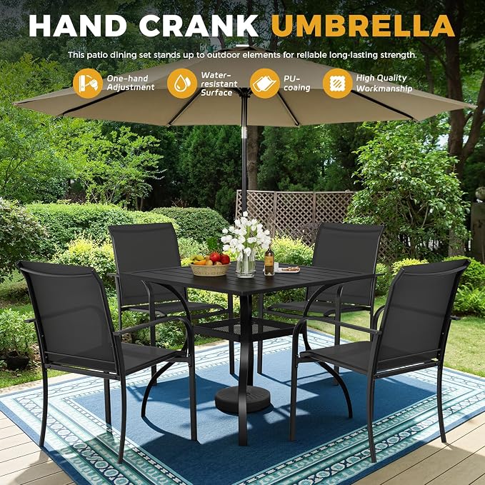 Incbruce 6 Pieces Patio Dining Set with Brown Umbrella, Outdoor Dining Set of 4 Textilene Chairs and Square Table with Umbrella Hole for Backyard, Garden, and Poolside (Black)