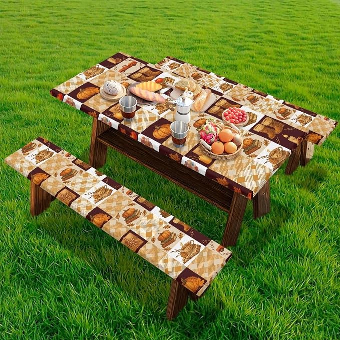 Fall Picnic Table Cover with Bench Covers 3 Piece Set 30 x 94 Inch Picnic Foldable Picnic Table and Bench Fitted Tablecloth Cover for Outdoor BBQ Holiday Party Camping