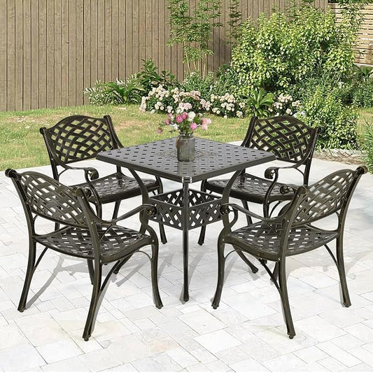 MEETWARM 5-Piece Outdoor Furniture Dining Set, All Weather Cast Aluminum Conversation Set Includes 4 Chairs and a 31.5” Square Table with 2.2" Umbrella Hole for Patio Garden Deck, Lattice Weave Design