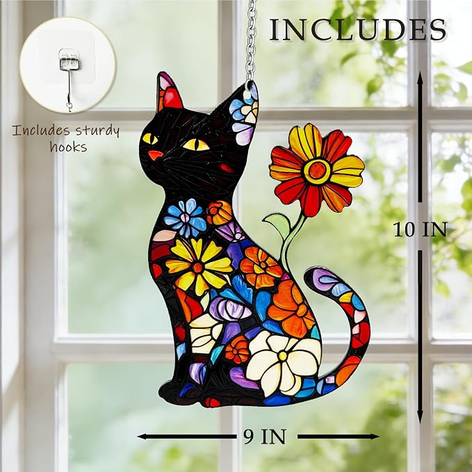 Cat Stained Glass Suncatcher Window, Hanging Sun Catchers Indoor Window, Cat Lover Suncatcher for Mom/Women (Black)