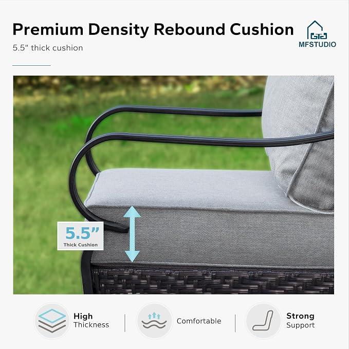 MFSTUDIO 5 PCS Outdoor Patio Furniture Set, Metal Outdoor Conversation Set, Rattan Wicker Patio Sectional Sofa Set with 2 x Fixed Single Sofa, 2-Seat and 3-Seat Sofa, 1 x Coffee Table, Grey