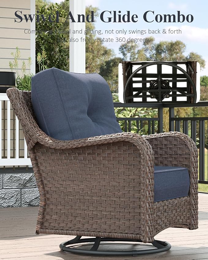 LayinSun 10 Piece Wicker Outdoor Furniture Set with 6-inch Comfy Cushions, High Back Patio Furniture Set with Swivel Rocking Chairs and Fire Pit Table