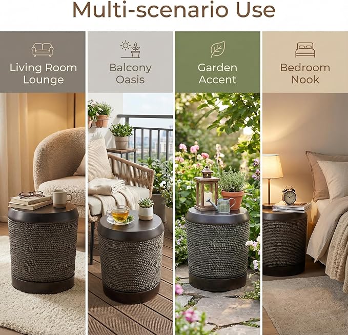 Retro Outdoor Side Table Round Concrete Side Tables with Simulated Braided Rope Finish, Cylindrical Patio End Table for Living Room Garden Balcony,Fully Assembled,Dark Brown