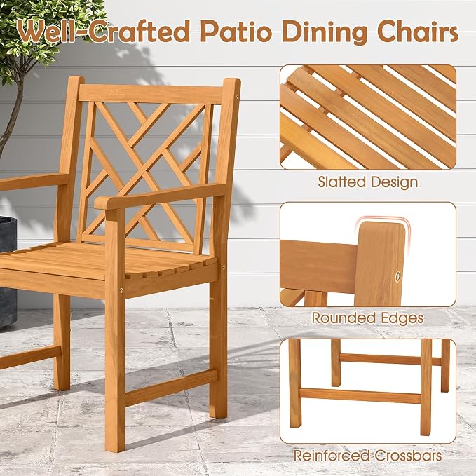 Tangkula 9 Piece Outdoor Dining Set, Outdoor Rectangular Patio Table with Umbrella Hole & Heavy-Duty Metal Frame and 8 Acacia Wood Armchairs, for Porch, Garden, Backyard, Balcony