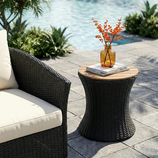 Christopher Knight Home Fenton 17.5" Outdoor Side Table, Round Patio End Table with Wood Top and Wicker Base, Small Outdoor Coffee Table for Balcony Garden Poolside, Accent Garden Stool, Black+Natural