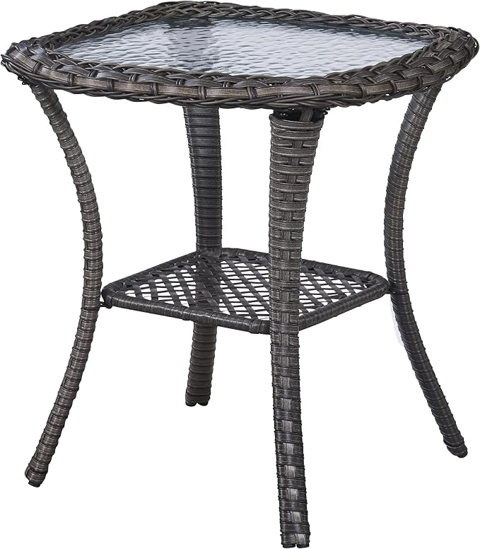 Rilyson Patio Tables Wicker Side Table - Rattan End Table with Glass Top for Outdoor Outside Patio Porch Deck Square Brown