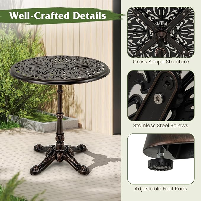 Tangkula 27" Round Cast Aluminum Patio Bistro Table, Weather Resistant Outdoor Dining Table with Hollow Top & Cross Base, Accent Table for Backyard, Garden, Porch, Copper