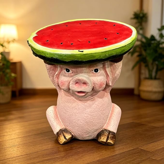 13.4" Cute Pig Side Table w/ Watermelon Top, Resin Plant Stand, Pink+Red | Multi-Functional End Table for Home Garden Patio, Weather-Resistant, Fun Novelty Decor Accent