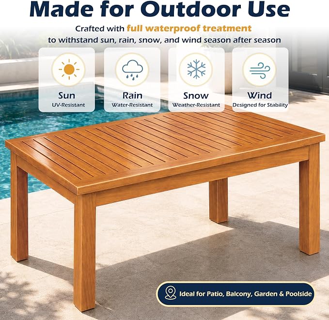 Outdoor Teak Coffee Table, 40" Wooden Patio Coffee Table with Protective Cover, Solid Teak Outdoor Coffee Table for Patio, Garden, Poolside, Balcony and Backyard