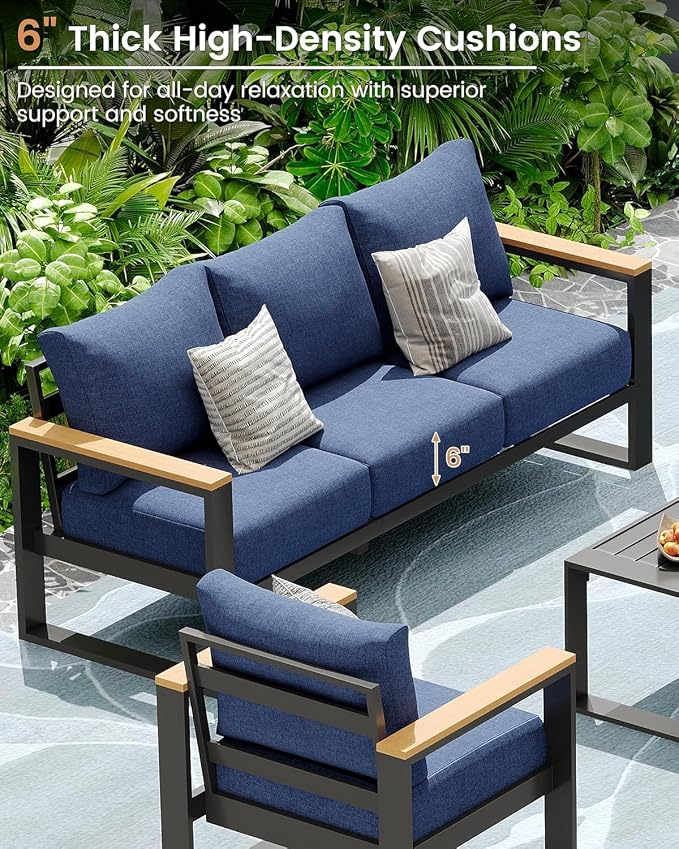 Aluminum Patio Furniture Set, 5 Piece Metal Outdoor Furniture Set with 6″ Thick Washable Cushions & Coffee Table, All Weather Patio Conversation Sets for Yard, Poolside, Garden (Navy Blue)