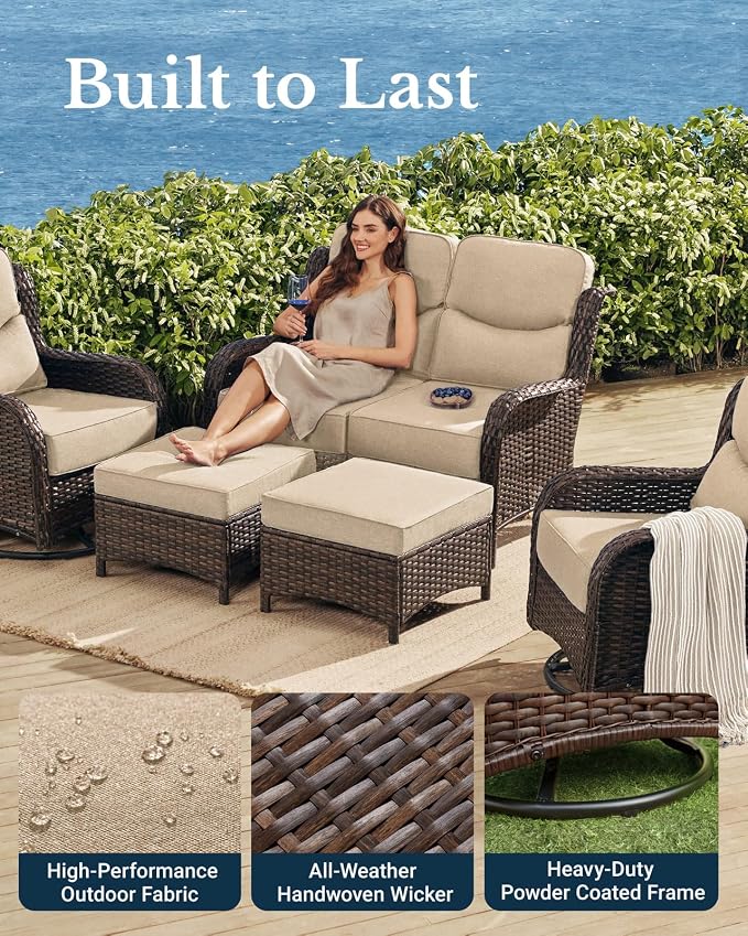 HILLGA Luxury Outdoor Patio Furniture Set with 6-Inch Thick Cushions, High Back Wicker Swivel Rocker Chairs, 5 Pcs All Weather Conversation Set for Large Deck, Yard and Poolside, Beige (V3)