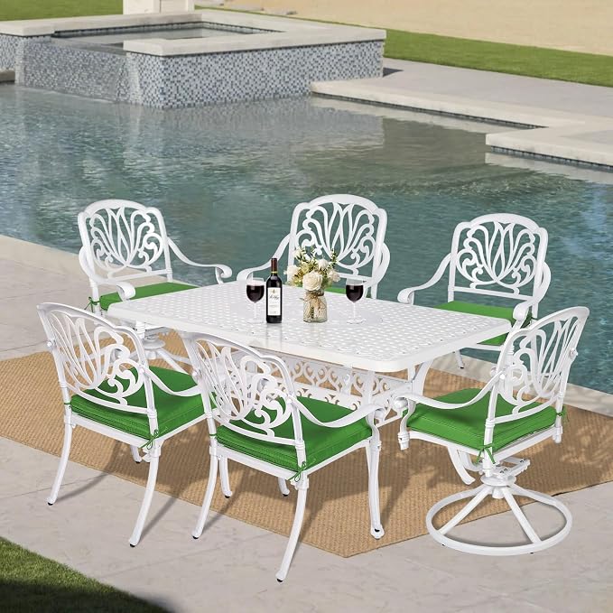 VIVIJASON 7-Piece Outdoor Furniture Dining Set, All-Weather Cast Aluminum Patio Conversation Set, Include 4 Stationary Chairs, 2 Swivel Dining Chairs and a Rectangle Table with Umbrella Hole, White