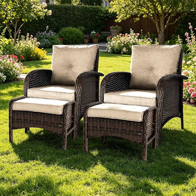 SHGJ&SOFT All Weather Patio Furniture Set, High Back Swivel Rocker Glider Chairs，Ottomans & Glass Tables, Outdoor Conversation Set for Deck Porch Yard Poolside (Brown, 4PCS-Chairs&Ottomans)