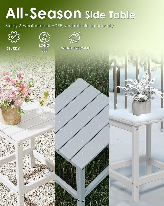GREENVINES Adirondack-Outdoor-Side-Table | Single-Tier | 14 x 13 Inches | HDPE Plastic | All Weather | White | Outside End Tables | for Patio Porch Backyard Indoor