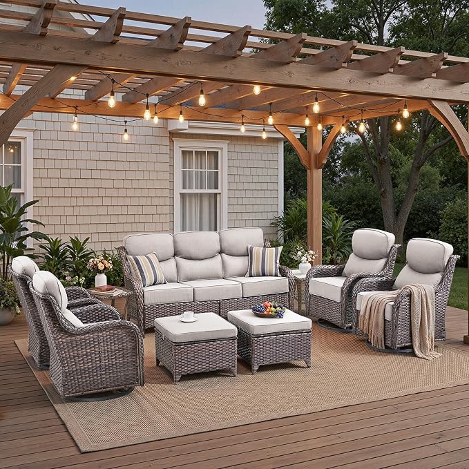 Luxury High Back Patio Furniture Set with 6-Inch Thick Cushions, 9-Pieces Outdoor Furniture with Swivel Chairs, Wicker Conversation Set for Porch, Balcony, Deck and Yard, Brown/Beige