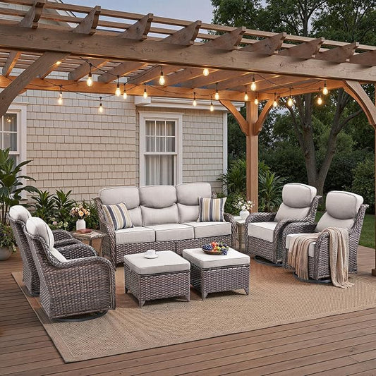 Luxury High Back Patio Furniture Set with 6-Inch Thick Cushions, 9-Pieces Outdoor Furniture with Swivel Chairs, Wicker Conversation Set for Porch, Balcony, Deck and Yard, Brown/Beige