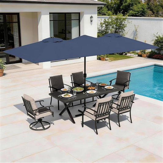 Patio Dining Set for 8 with 13.6ft Double-Sided Patio Umbrella,Outdoor Dining Set of 4 Metal Chairs and 2 Swivel Chairs with Umbrella Hole Table for Backyard,Garden,and Poolside(Brown)