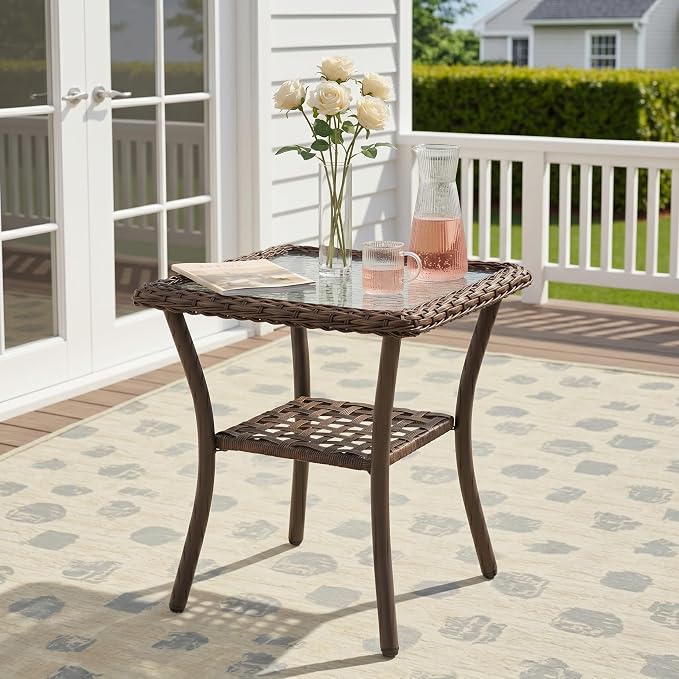 Square 20" Outdoor Wicker Side Table, 2-Tier Rattan Patio End Table with Tempered Glass Top, All Weather Brown Coffee Table for Deck Balcony Porch