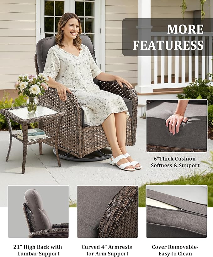 5-Piece Luxury Patio Furniture Set with 6-Inch Thick Cushions, High-Back Outdoor Swivel Rocker Chairs & Wicker 42" Fire Pit, All-Weather Conversation Set for Porch, Deck, Balcony or Backyard – Gray