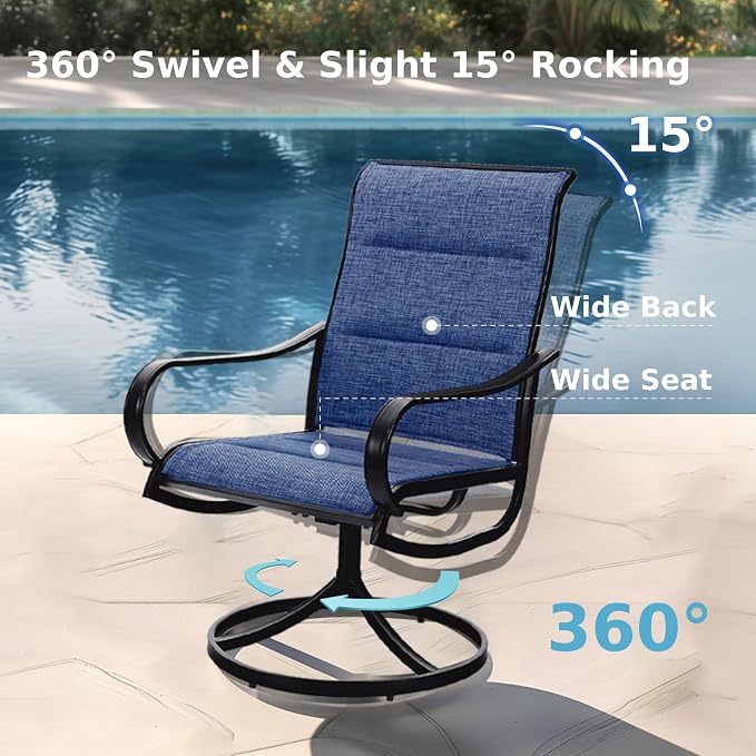 MFSTUDIO Outdoor Dining Set for 8, Metal Table w/Swivel Chairs, Navy Blue | Padded textilene chairs, High back, Ergonomic Design, Umbrella hole, Weather reistant, Patio deck garden backyard