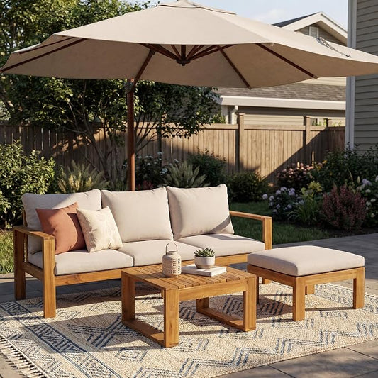 Virubi 3-Piece Acacia Sectional Patio Sofa Set, Water-Repellent Cushions, Transitional Style Outdoor Conversation Sofa Set with Coffee Table & Ottoman for Backyard Garden