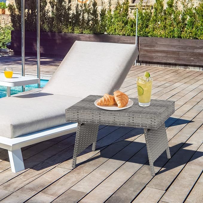 HAPPYGRILL Outdoor Wicker Table Folding Rattan Standing Coffee Side Table for Patio Lawn Bistro Poolside Garden