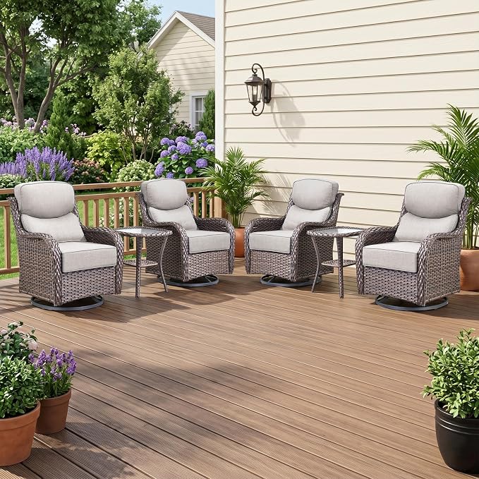 6 Piece Wicker Patio Furniture Set with Swivel Rocker Chairs Set of 4 Brown