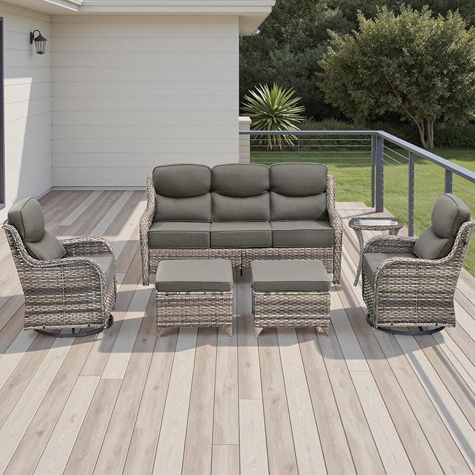 Wicker Outdoor Patio Furniture Set - 6 Piece Patio Conversation Sets with Swivel Rocker Chairs, Ottomans, Sofa and Side Table, 6 inch Cushions, Waterproof Wicker, for Porch Deck Mixed Grey/Grey
