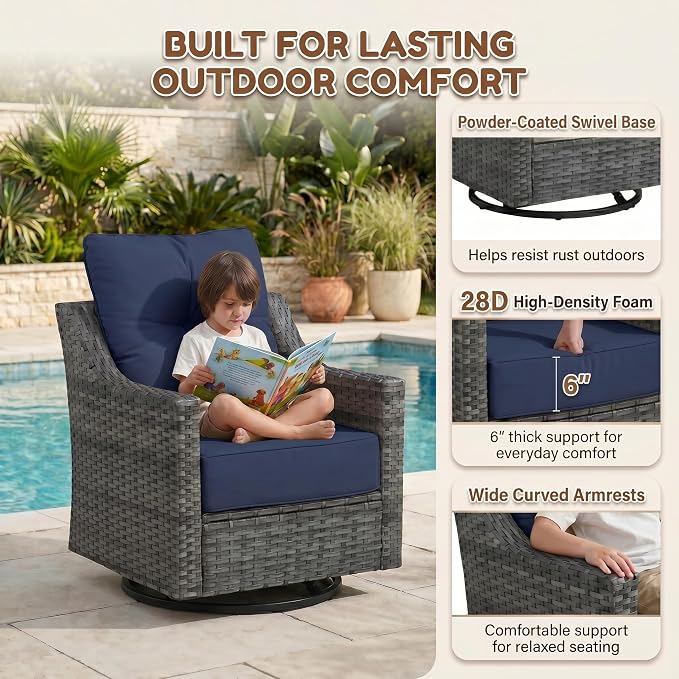 5-Piece Outdoor Patio Furniture Set, Grey Wicker Conversation Set with 2 Swivel Chairs, 2 Ottomans and Side Table, 6-Inch Blue Cushions for Porch, Deck, Backyard