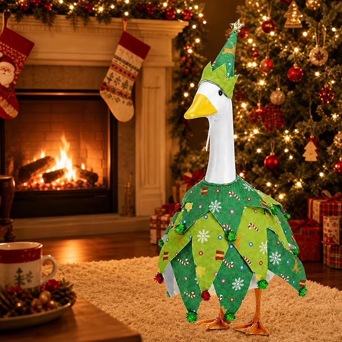 2 Pcs/Set Christmas Tree Porch Goose Outfits, Xmas Geese Clothing Costume Included Hat and Clothes, Green Christmas Goose Statue Costume Accessories for 23" High Porch Statue Holiday Patio Yard Decor