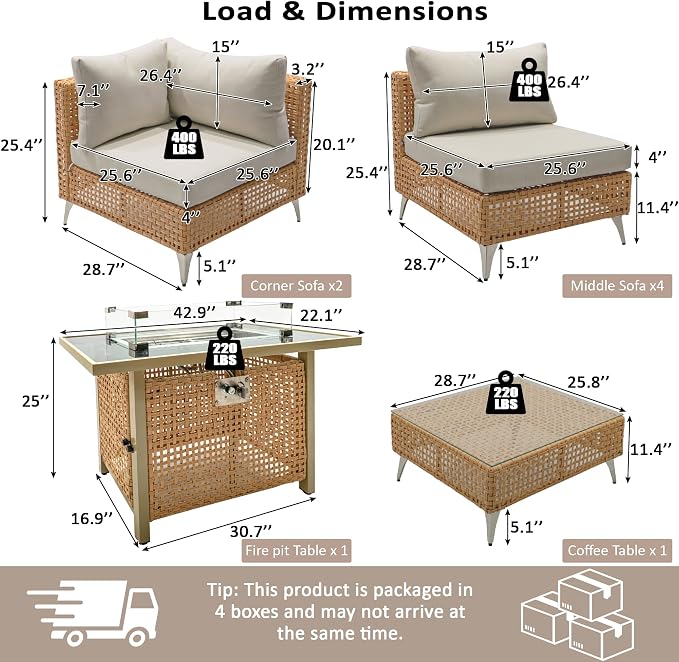 VilroCaz 8-Piece Outdoor Patio Furniture Set, All-Weather Wicker Conversation Sofa Sets with Coffee Table and 43" Fire Pit Table for Outdoor Couch, Porch, Backyard