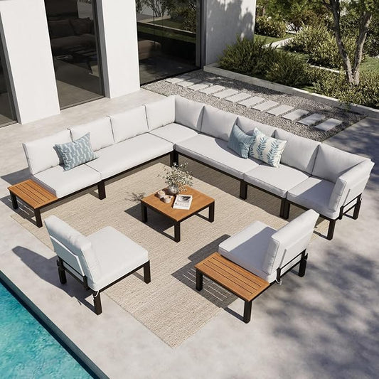 MFSTUDIO 9 Pieces Patio Furniture Set, Metal Outdoor Sectional Sofa Modular Outdoor Couch, Modern Patio Conversation Set with Coffee Table for Backyard, Garden