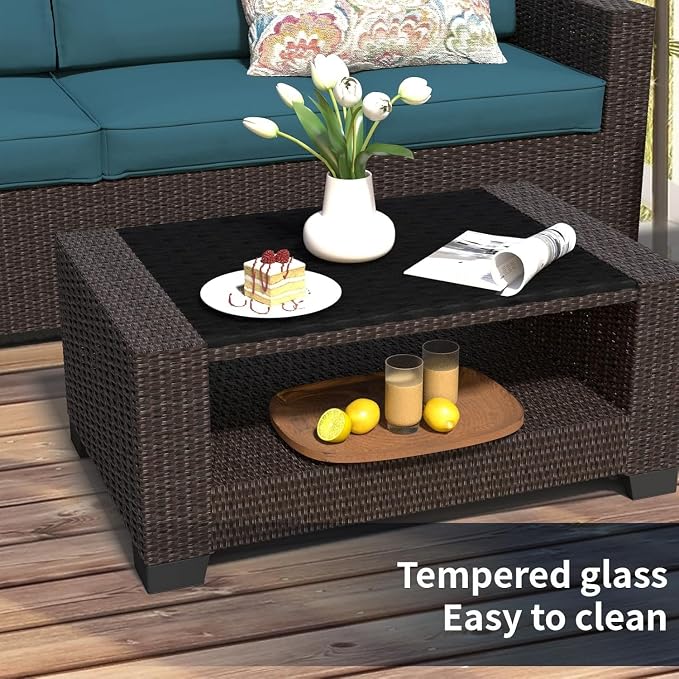 7 Piece Wicker Patio Furniture Set with Outdoor Sectional Sofa, Washable Cushion Covers, Tempered Glass Coffee Table, Rattan Conversation Set for Poolside, Lawn, Balcony