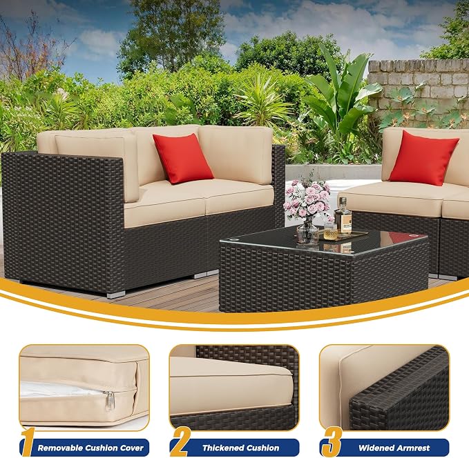 8 Pieces Outdoor Patio Furniture Set with Waterproof Cover, Black Brown Wicker Patio Sectional Sofa Set, Outdoor Couch with Cushion and Tempered Glass Table, Beige