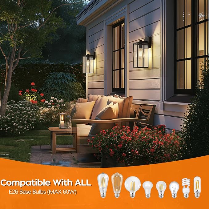 WIHTU 13in Outdoor Porch Light Wall Mount, Exterior Lighting Fixture | Waterproof, Anti-Rust Metal Frame, Tempered Glass, E26 Base, Easy Install, Wall Sconce for Patio, Garage, Entryway, Doorway