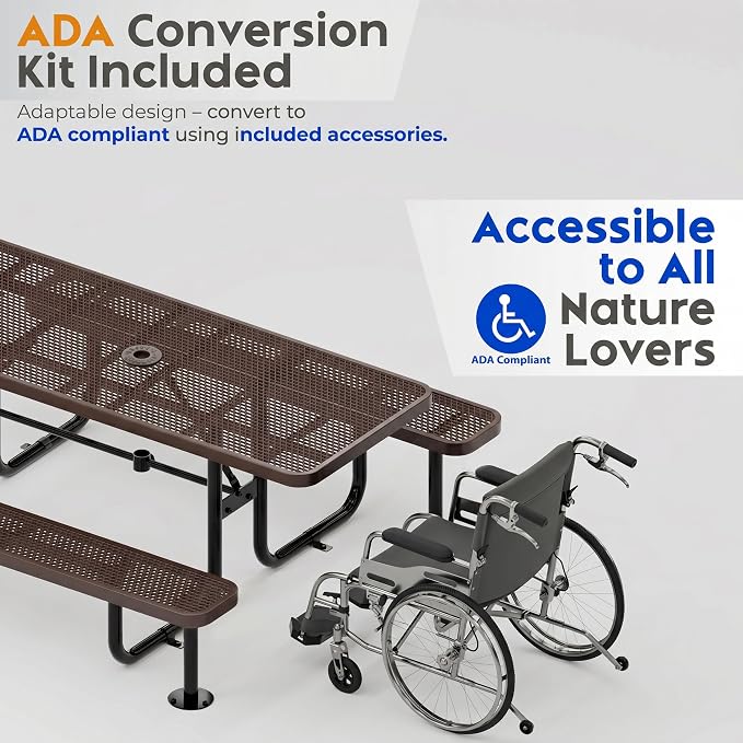 Commercial Heavy-Duty Metal Picnic Table - ADA Compliant, Adjustable Seats, Umbrella Hole, Expanded Metal (Dark Brown, 8' Rectangular)