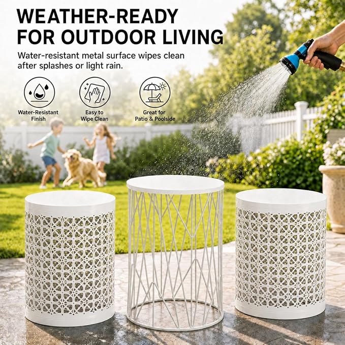 Y&M Outdoor Side Tables, Set of 3 Metal Stacking Patio Side Tables for Outside, Round Indoor End Tables, Coffee Accent Poolside Tables for Patio Garden Balcony, White