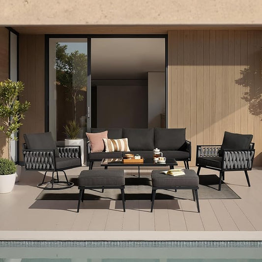 Outdoor Patio Furniture Set, 6-Piece Metal Conversation Furniture Sofa with Coffee Table, All Weather Patio Couch Sofa with Thick Cushions for Balcony Backyard,Black