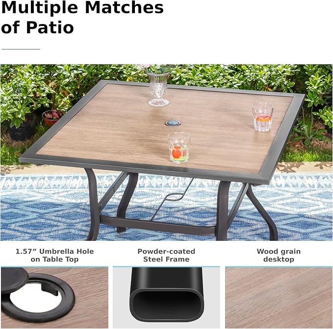 MFSTUDIO Patio Dining Set for 4, Outdoor Furniture Set with Orange Red Umbrella (Base not Included), Wood-Like Square Table and 4 Swivel Chairs for Patio, Deck, Backyard, Garden