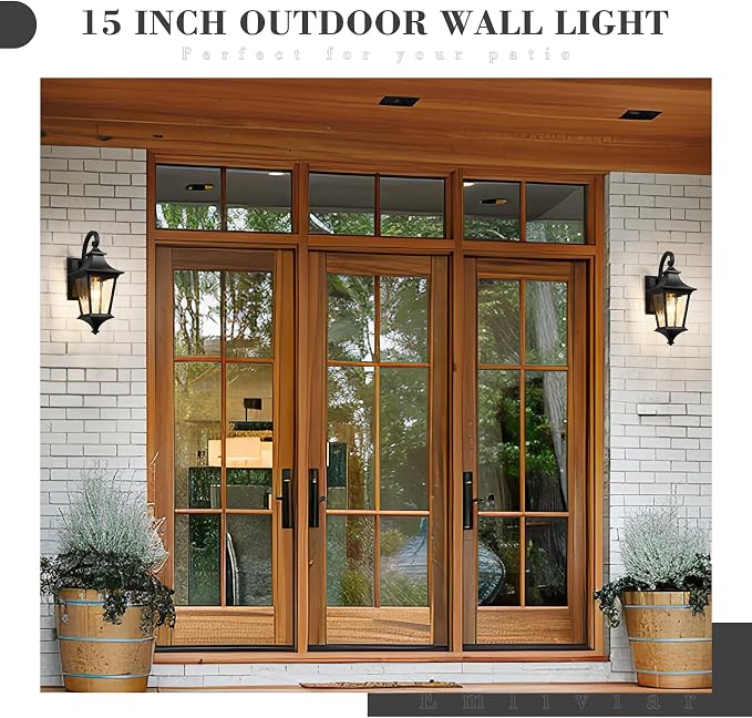 Emliviar Twin Pack 15" Outdoor Porch Light, Farmhouse Exterior Wall Light for Patio, Clear Glass with Black Finish, XE292B-2PK BK